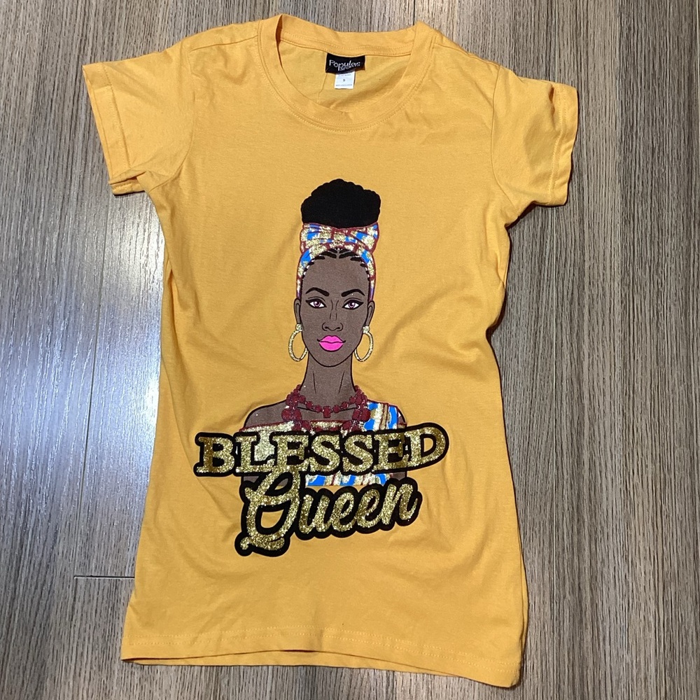 Women’s‎ Yellow “Blessed Queen” Graphic Tee – Size S – NWOT